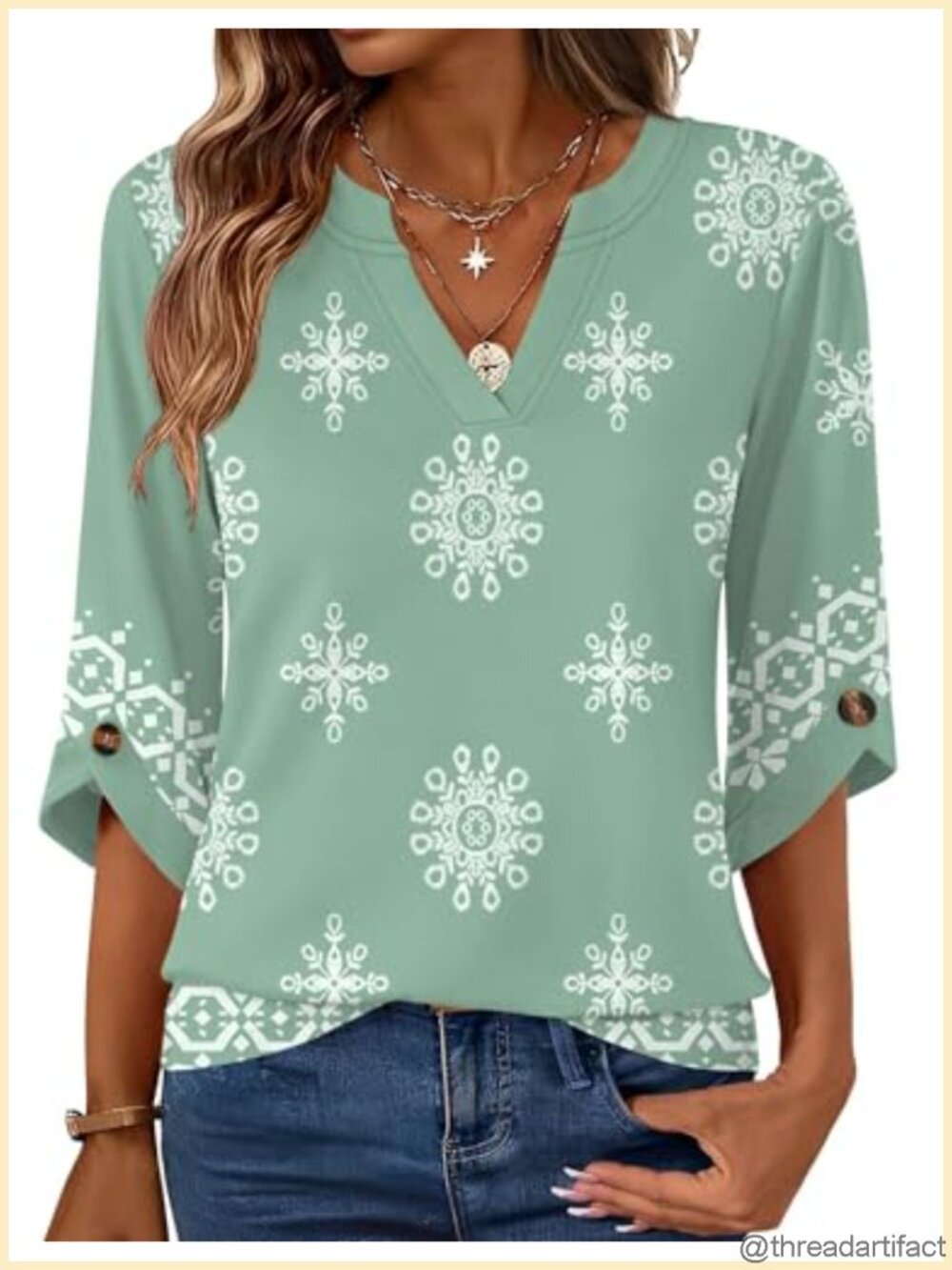 Womens 3/4 Sleeve Tunic Top V Neck Flowy Bell Sleeve Blouse